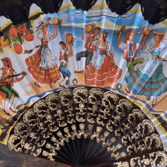 1980s/90s "La Tarantella" The Dance Fabric Lace Fan - Picture 7 of 10